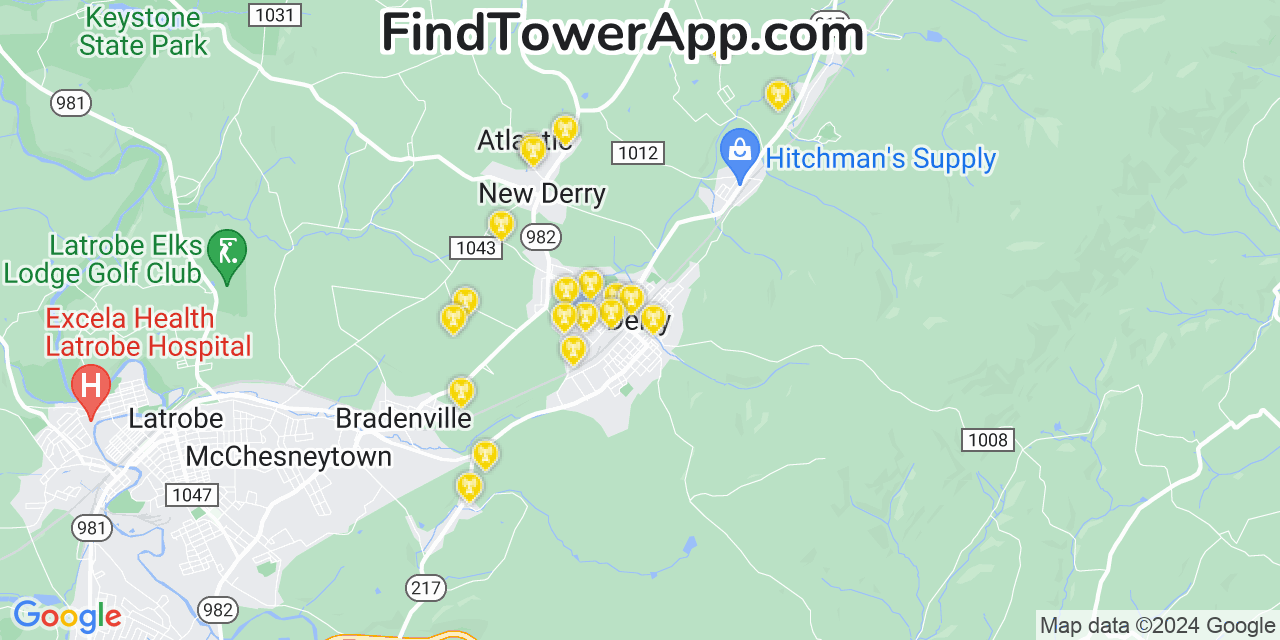 AT&T 4G/5G cell tower coverage map Derry, Pennsylvania