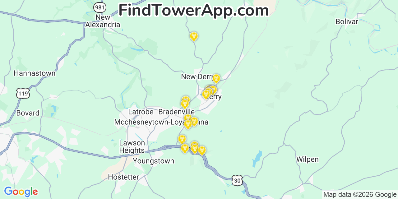 Map showing the 20 primary cell tower locations detected in Derry, Pennsylvania from AT&T, Verizon, and T-Mobile networks
