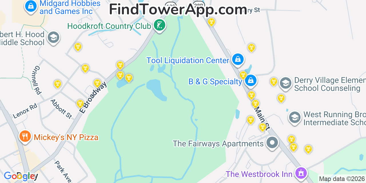 Map showing the 20 primary cell tower locations detected in Derry Village, New Hampshire from AT&T, Verizon, and T-Mobile networks