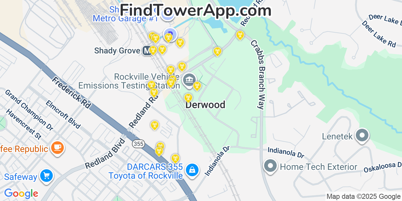 Map showing the 20 primary cell tower locations detected in Derwood, Maryland from AT&T, Verizon, and T-Mobile networks