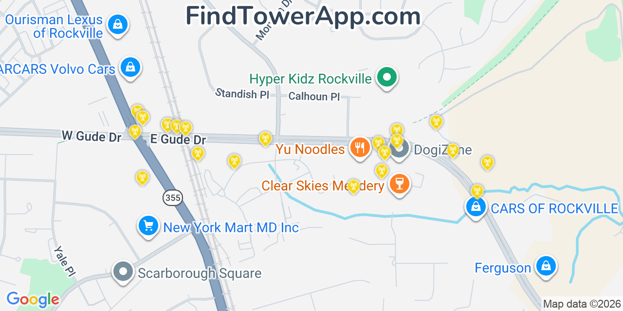 Map showing the 20 primary cell tower locations detected in Derwood, Maryland from AT&T, Verizon, and T-Mobile networks