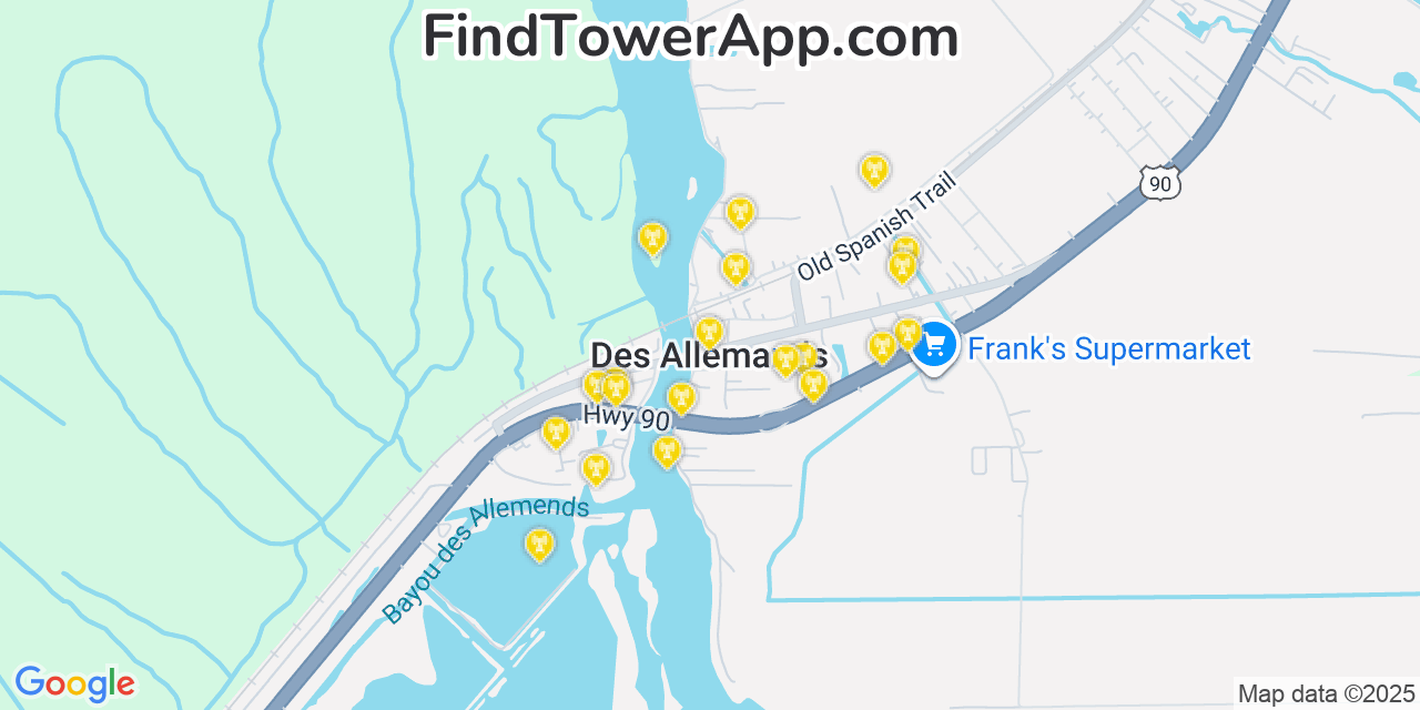 Map showing the 20 primary cell tower locations detected in Des Allemands, Louisiana from AT&T, Verizon, and T-Mobile networks