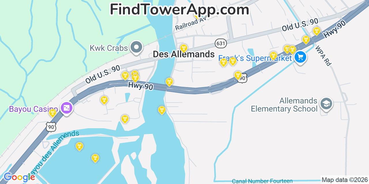 Map showing the 20 primary cell tower locations detected in Des Allemands, Louisiana from AT&T, Verizon, and T-Mobile networks