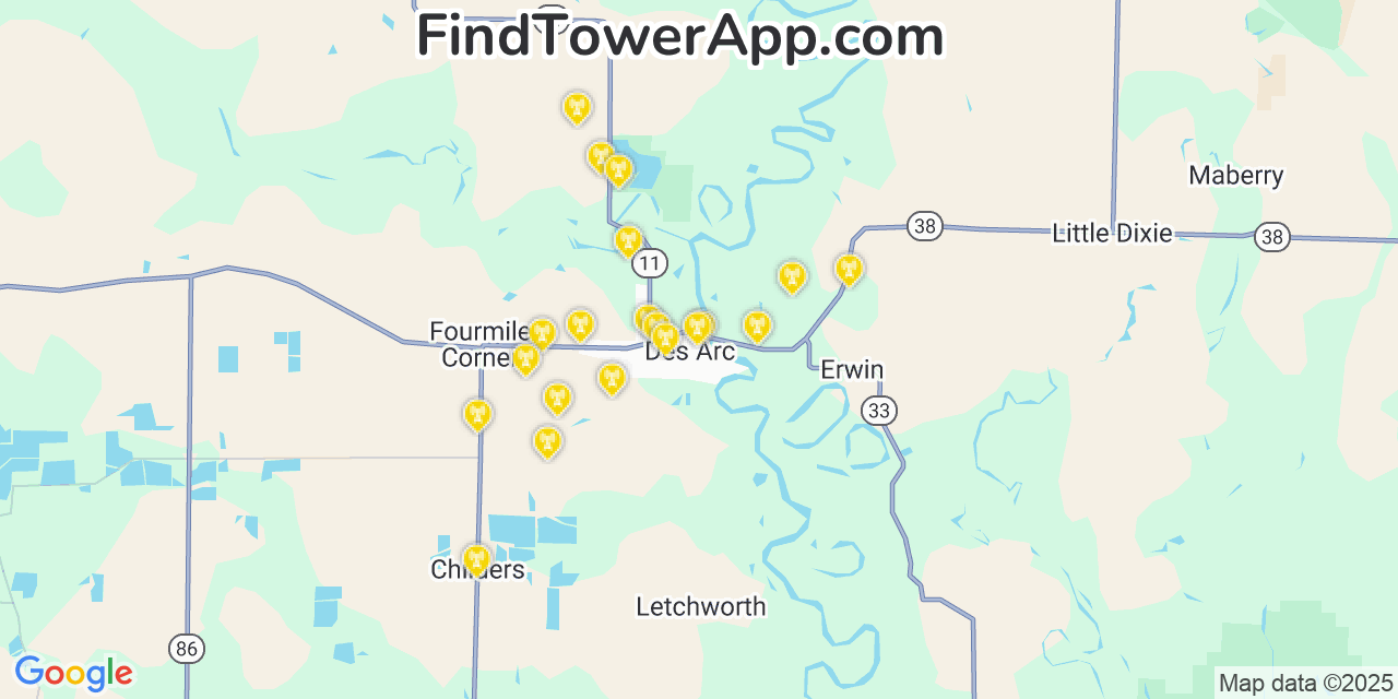 Map showing the 20 primary cell tower locations detected in Des Arc, Arkansas from AT&T, Verizon, and T-Mobile networks