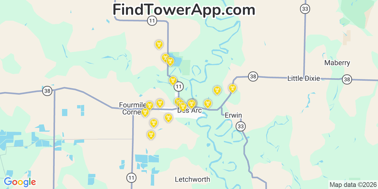 Map showing the 20 primary cell tower locations detected in Des Arc, Arkansas from AT&T, Verizon, and T-Mobile networks