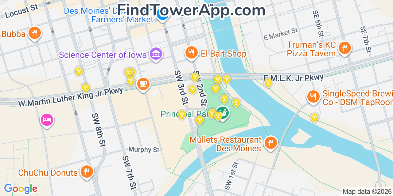 Map showing the 20 primary cell tower locations detected in Des Moines, Iowa from AT&T, Verizon, and T-Mobile networks