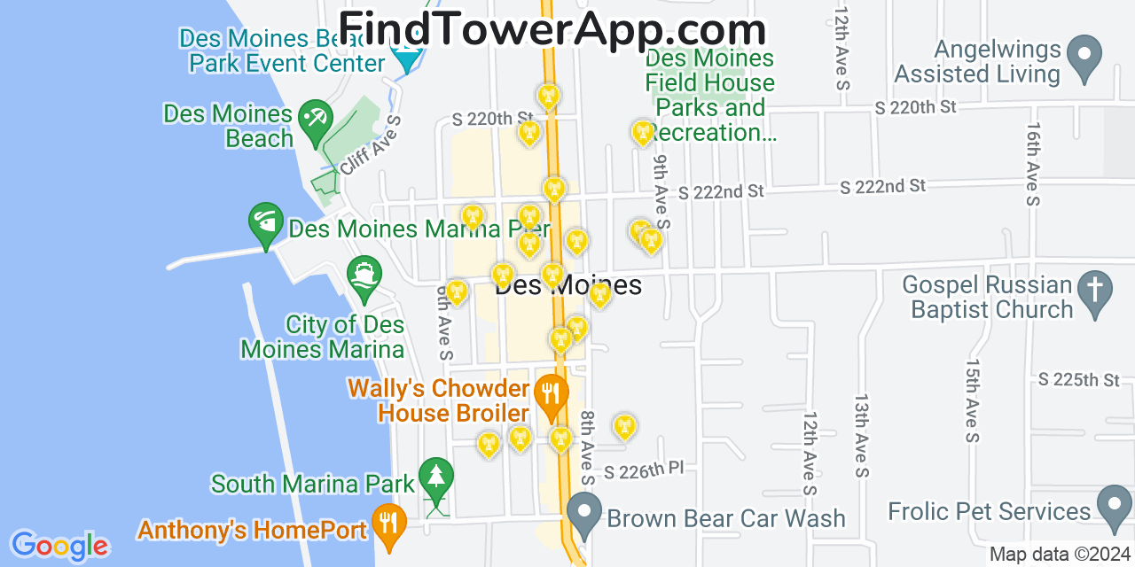 AT&T 4G/5G cell tower coverage map Des Moines, Washington