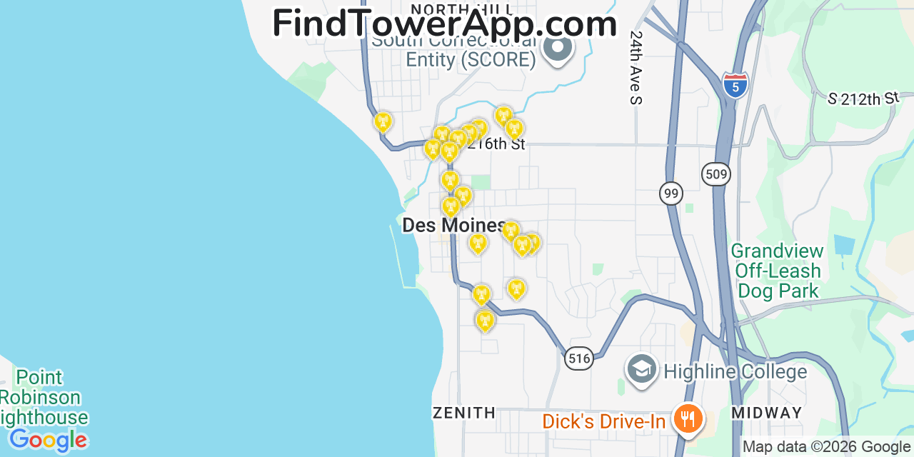 Map showing the 20 primary cell tower locations detected in Des Moines, Washington from AT&T, Verizon, and T-Mobile networks