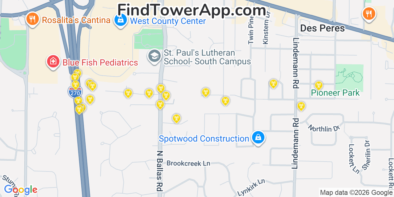 Map showing the 20 primary cell tower locations detected in Des Peres, Missouri from AT&T, Verizon, and T-Mobile networks