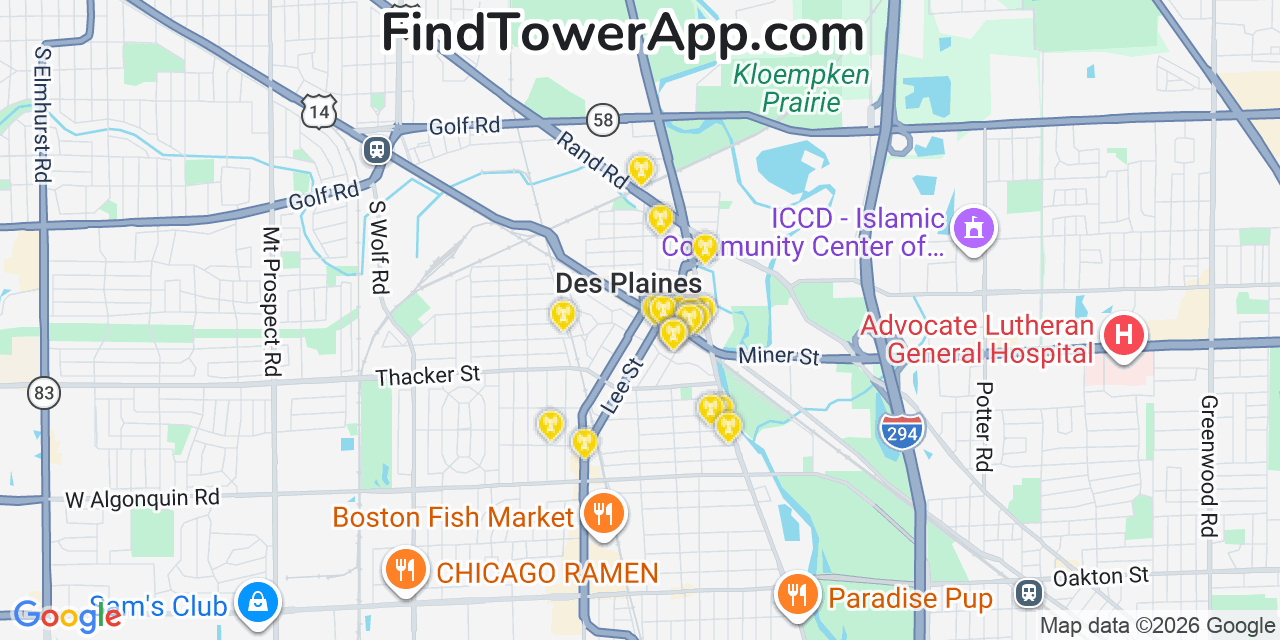Map showing the 20 primary cell tower locations detected in Des Plaines, Illinois from AT&T, Verizon, and T-Mobile networks