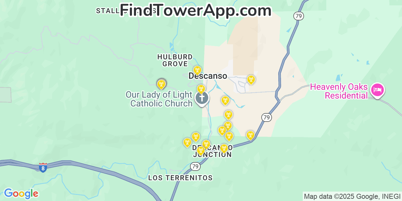 Map showing the 20 primary cell tower locations detected in Descanso, California from AT&T, Verizon, and T-Mobile networks