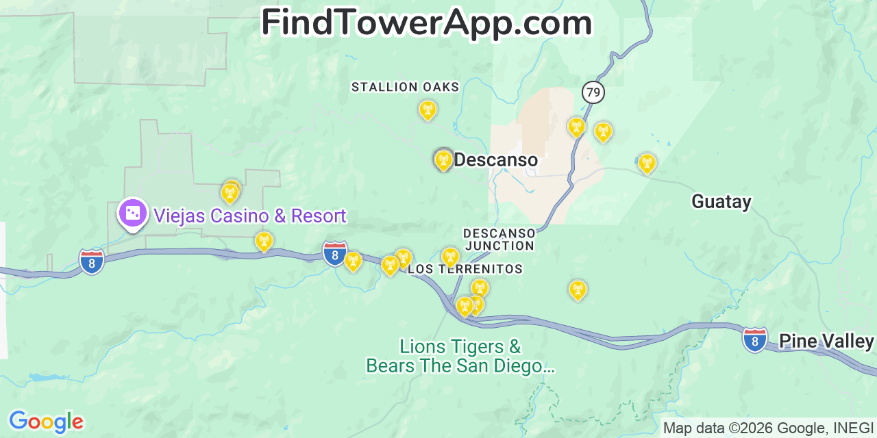 Map showing the 20 primary cell tower locations detected in Descanso, California from AT&T, Verizon, and T-Mobile networks