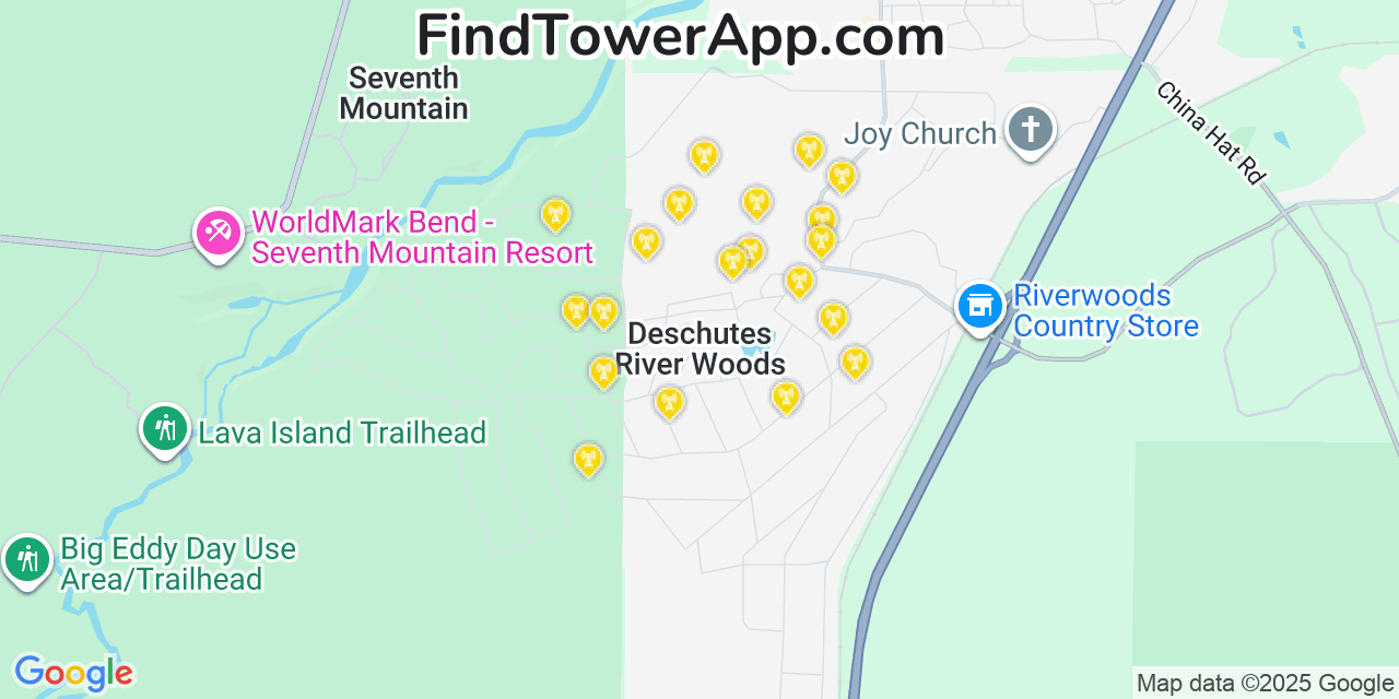 Map showing the 20 primary cell tower locations detected in Deschutes River Woods, Oregon from AT&T, Verizon, and T-Mobile networks