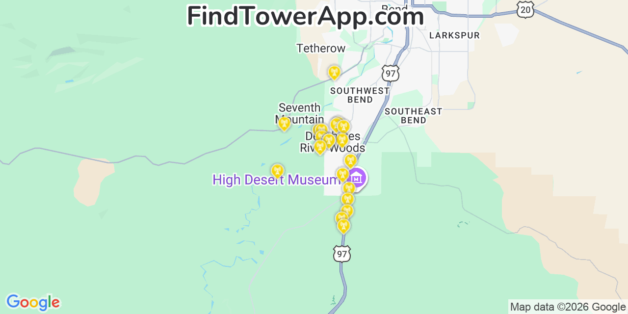 Map showing the 20 primary cell tower locations detected in Deschutes River Woods, Oregon from AT&T, Verizon, and T-Mobile networks