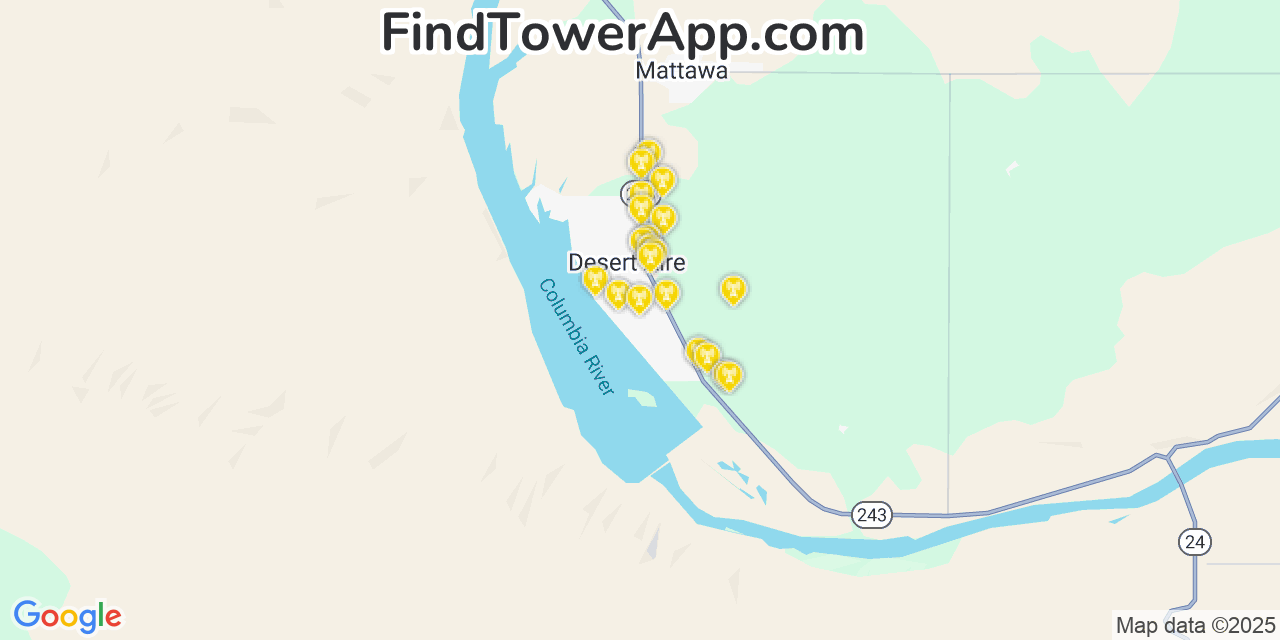 Map showing the 20 primary cell tower locations detected in Desert Aire, Washington from AT&T, Verizon, and T-Mobile networks