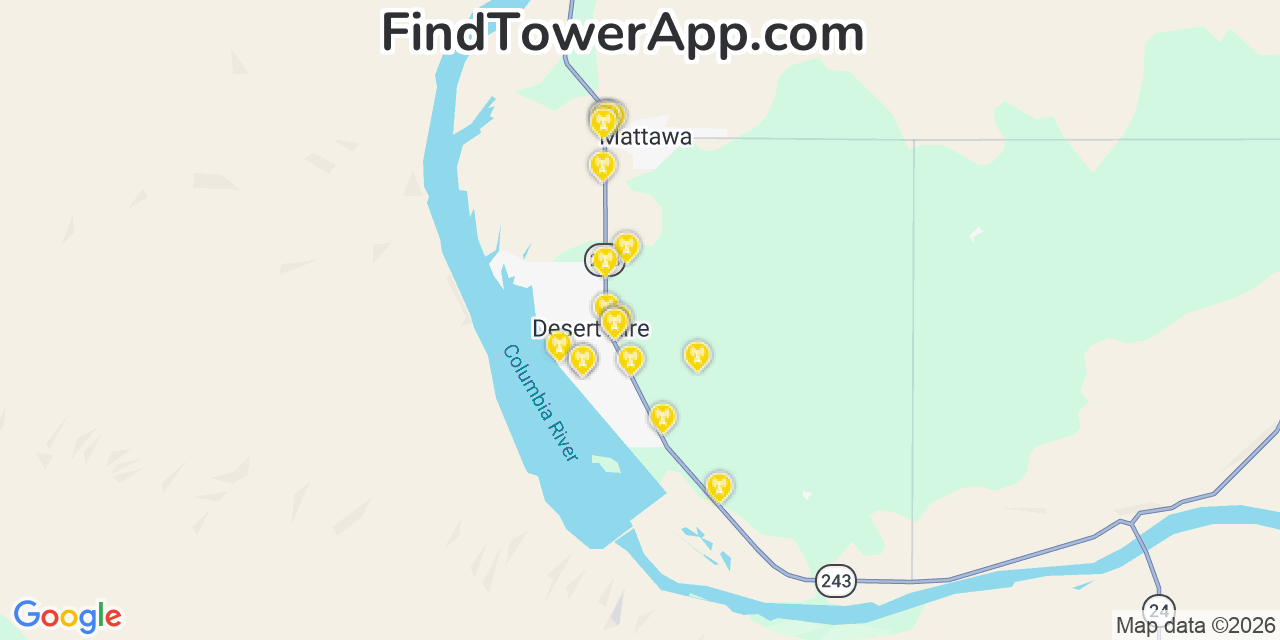 Map showing the 20 primary cell tower locations detected in Desert Aire, Washington from AT&T, Verizon, and T-Mobile networks