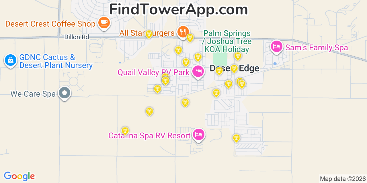 Map showing the 20 primary cell tower locations detected in Desert Edge, California from AT&T, Verizon, and T-Mobile networks