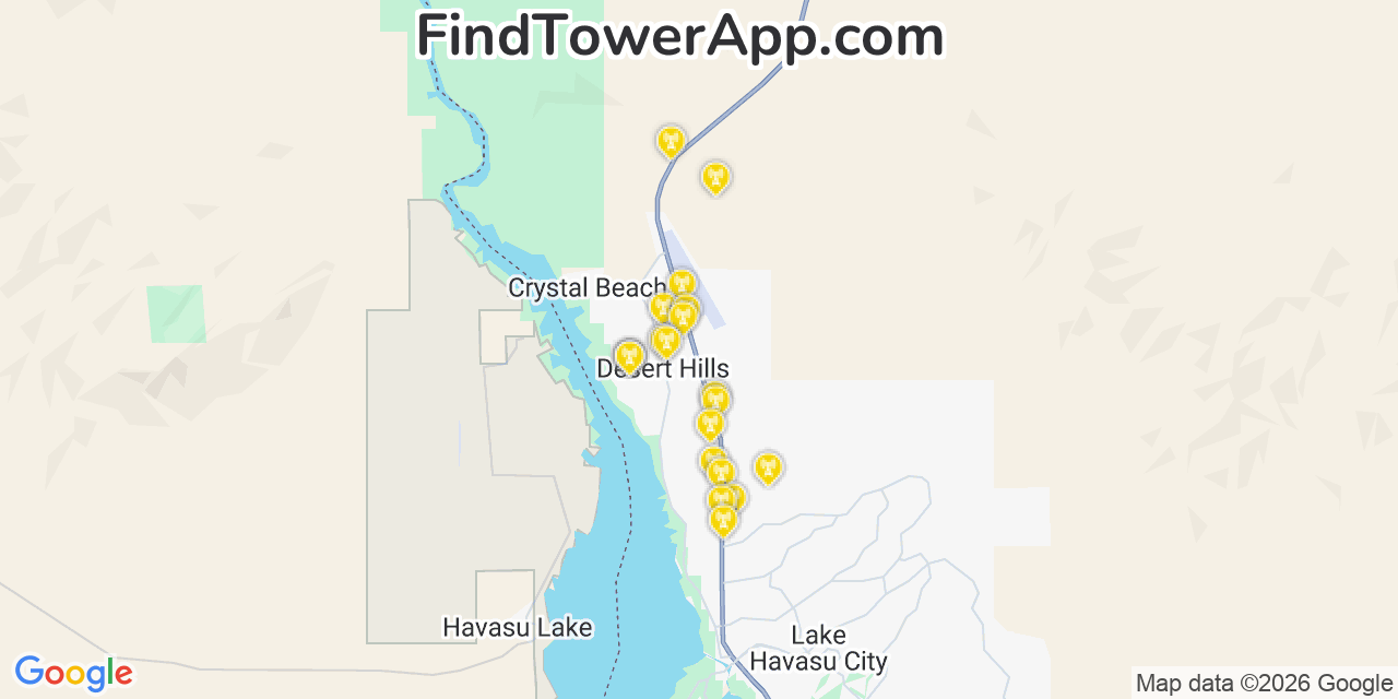 Map showing the 20 primary cell tower locations detected in Desert Hills, Arizona from AT&T, Verizon, and T-Mobile networks
