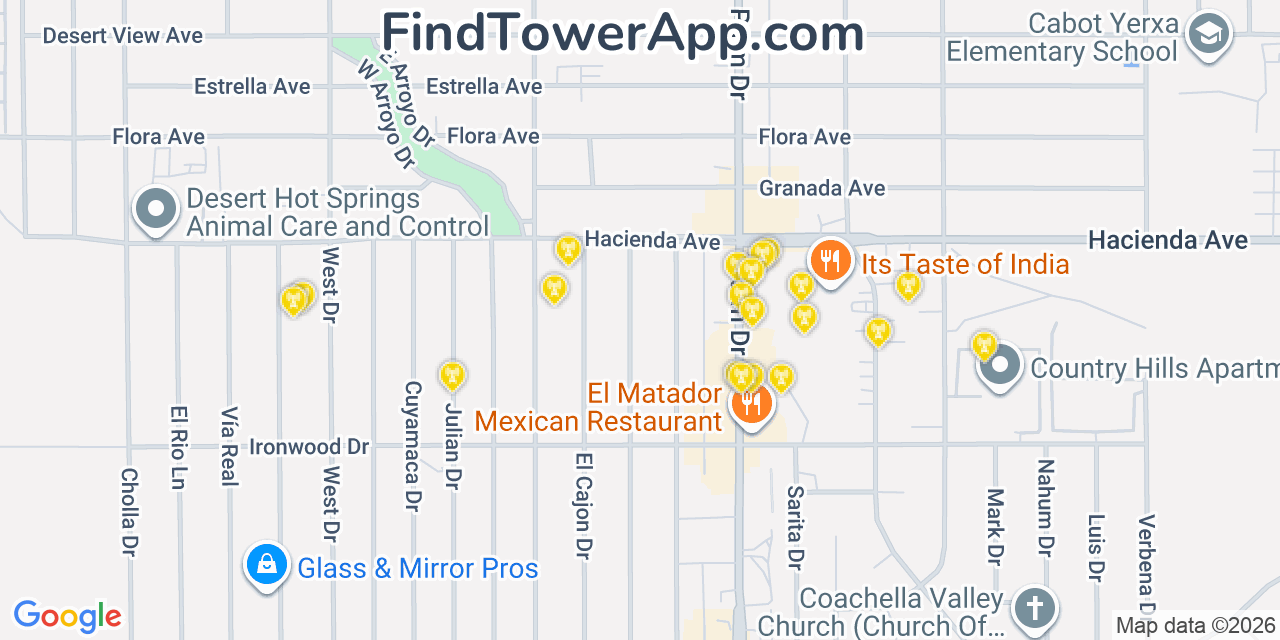 Map showing the 20 primary cell tower locations detected in Desert Hot Springs, California from AT&T, Verizon, and T-Mobile networks