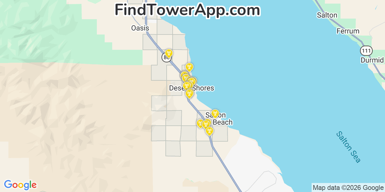 Map showing the 20 primary cell tower locations detected in Desert Shores, California from AT&T, Verizon, and T-Mobile networks