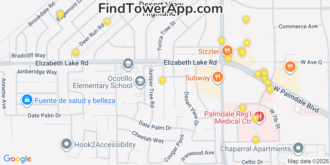 Map showing the 20 primary cell tower locations detected in Desert View Highlands, California from AT&T, Verizon, and T-Mobile networks