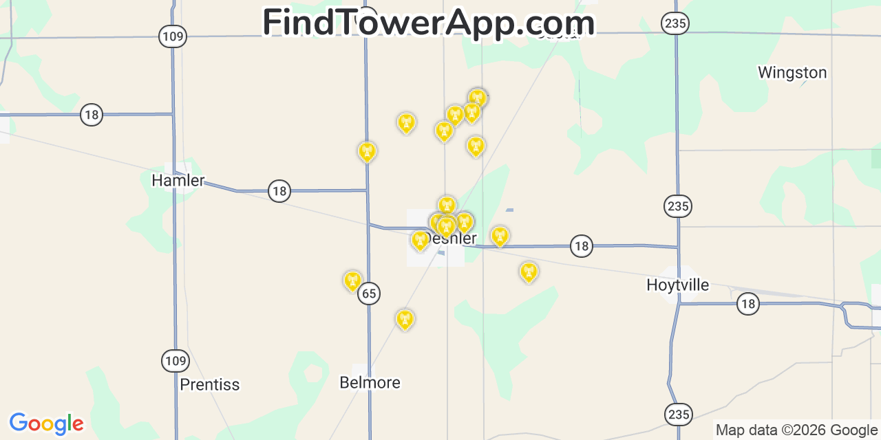Map showing the 20 primary cell tower locations detected in Deshler, Ohio from AT&T, Verizon, and T-Mobile networks