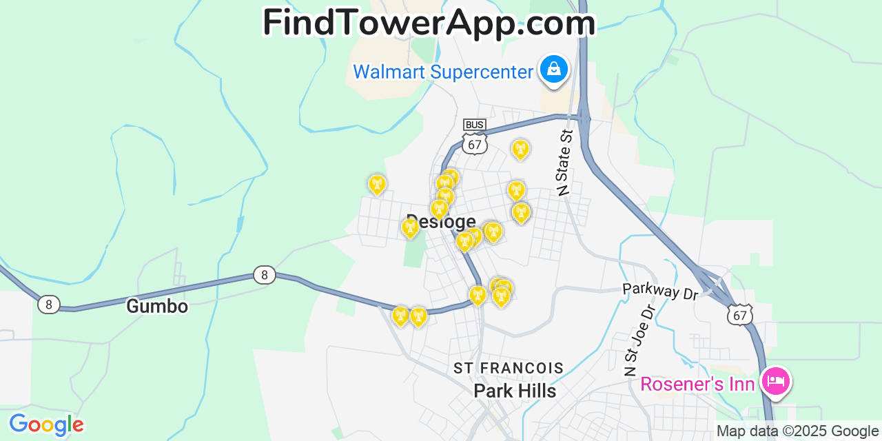 Map showing the 20 primary cell tower locations detected in Desloge, Missouri from AT&T, Verizon, and T-Mobile networks