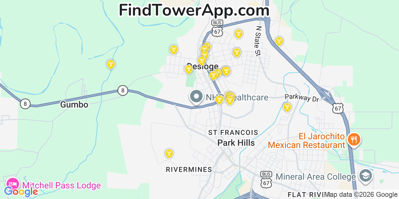 Map showing the 20 primary cell tower locations detected in Desloge, Missouri from AT&T, Verizon, and T-Mobile networks