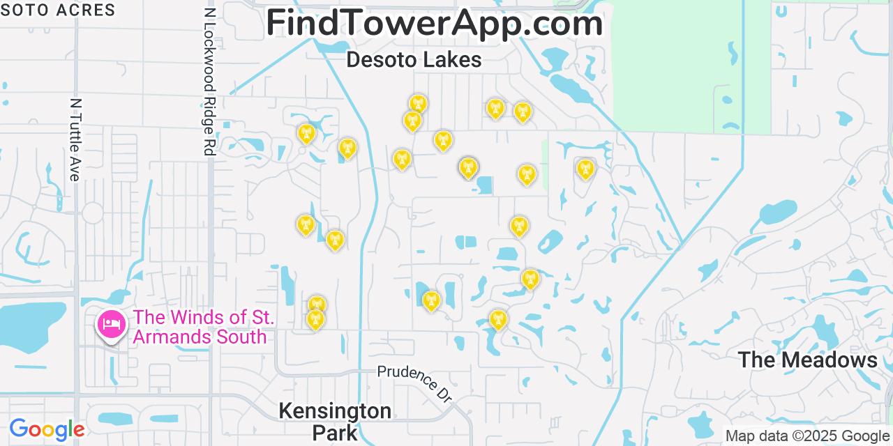 Map showing the 20 primary cell tower locations detected in Desoto Lakes, Florida from AT&T, Verizon, and T-Mobile networks
