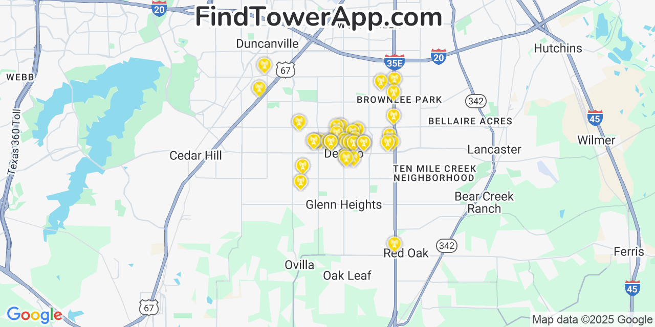 Map showing the 34 primary AT&T cell tower locations detected in Desoto, Texas with coverage radius and signal strength indicators