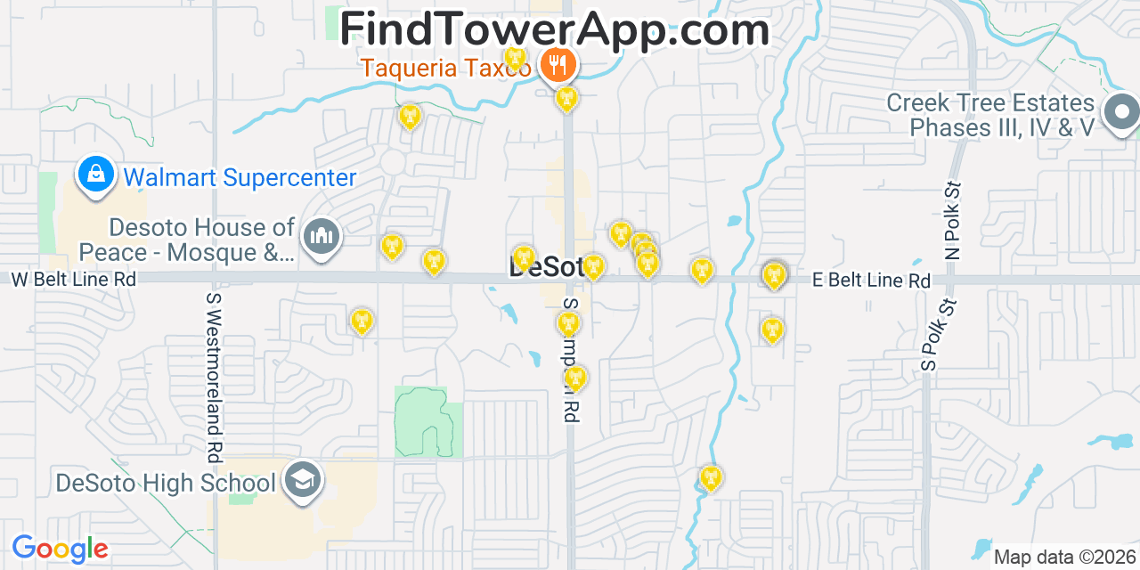 Map showing the 20 primary cell tower locations detected in Desoto, Texas from AT&T, Verizon, and T-Mobile networks