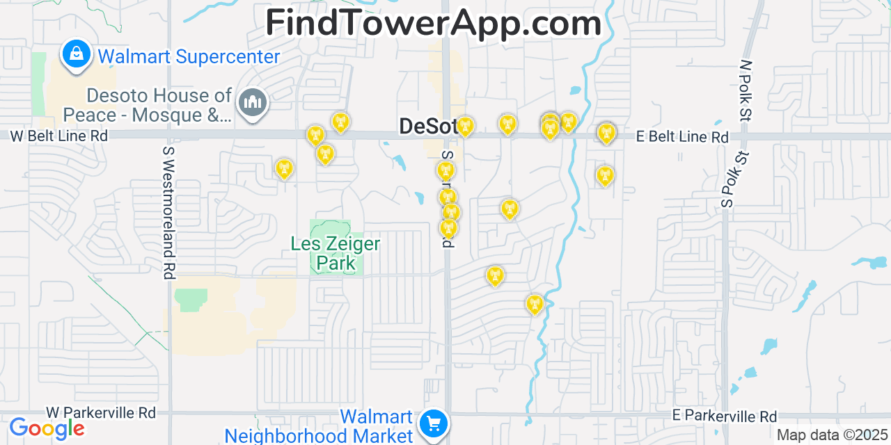 Map showing the 20 primary T-Mobile cell tower locations detected in Desoto, Texas with coverage radius and signal strength indicators