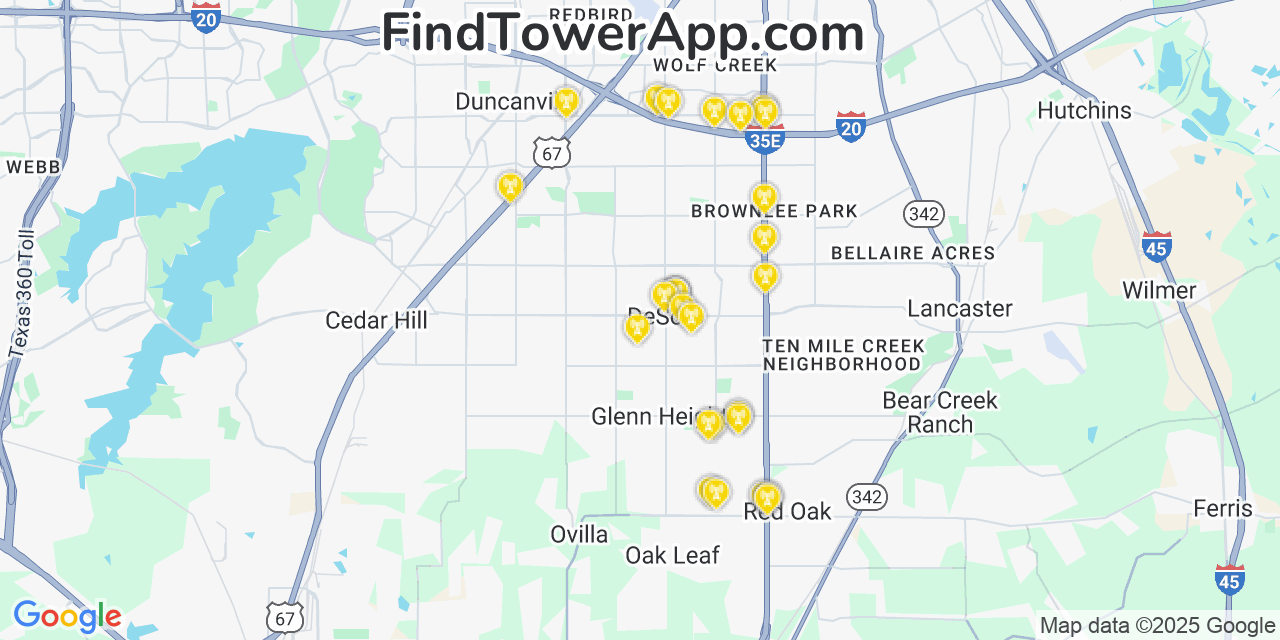 Map showing the 27 primary Verizon cell tower locations detected in Desoto, Texas with coverage radius and signal strength indicators
