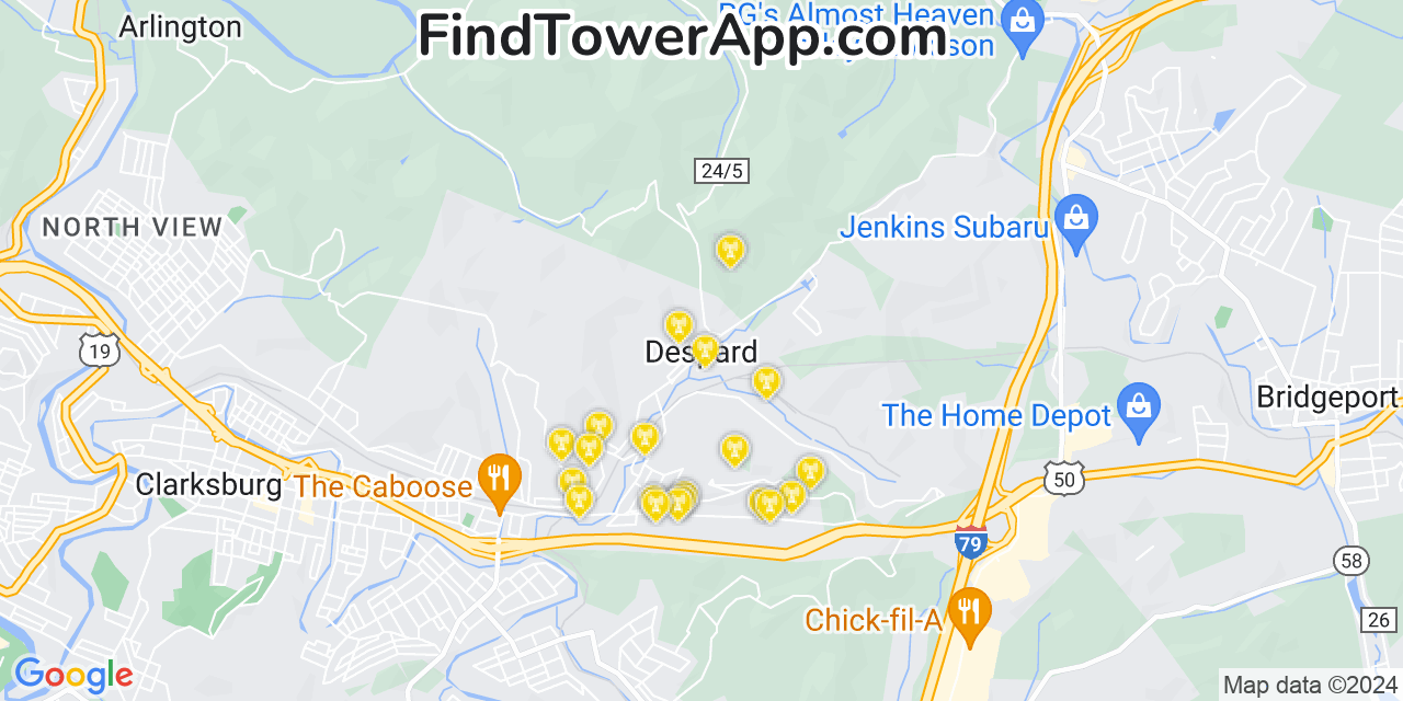 AT&T 4G/5G cell tower coverage map Despard, West Virginia