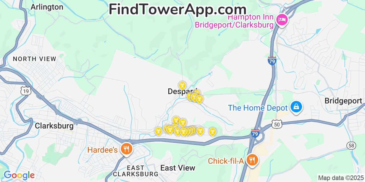 Map showing the 20 primary cell tower locations detected in Despard, West Virginia from AT&T, Verizon, and T-Mobile networks