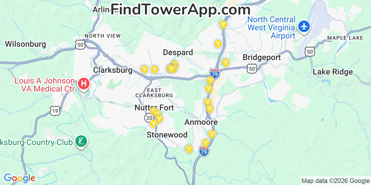 Map showing the 20 primary cell tower locations detected in Despard, West Virginia from AT&T, Verizon, and T-Mobile networks