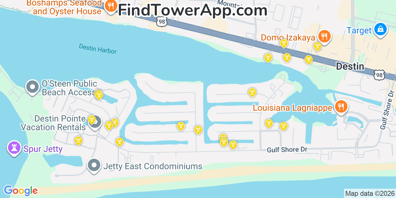 Map showing the 20 primary cell tower locations detected in Destin, Florida from AT&T, Verizon, and T-Mobile networks