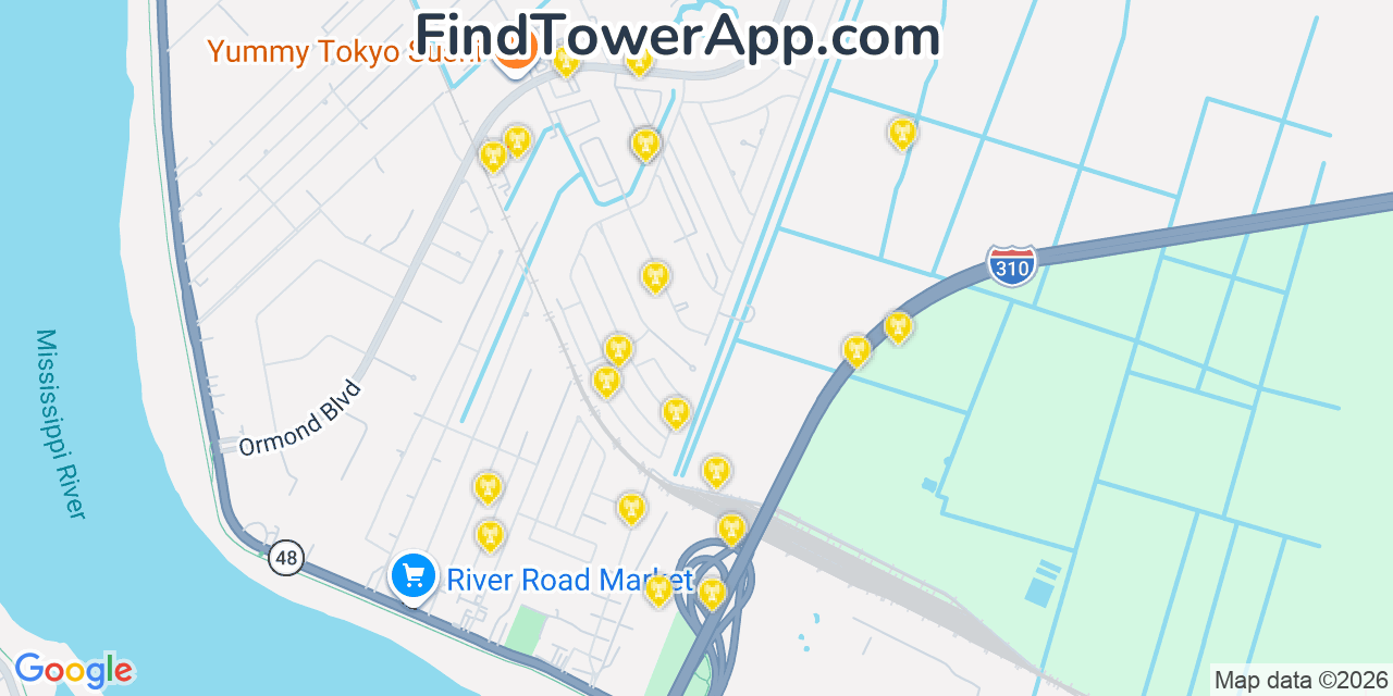 Map showing the 20 primary cell tower locations detected in Destrehan, Louisiana from AT&T, Verizon, and T-Mobile networks