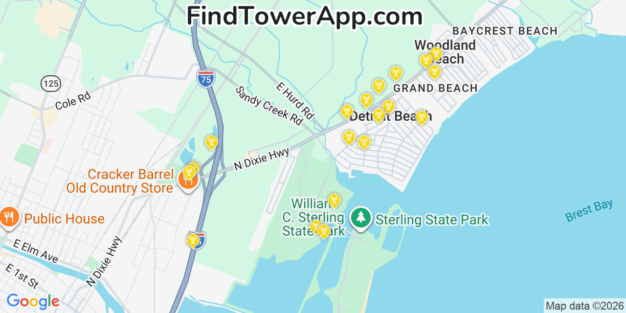 Map showing the 20 primary cell tower locations detected in Detroit Beach, Michigan from AT&T, Verizon, and T-Mobile networks