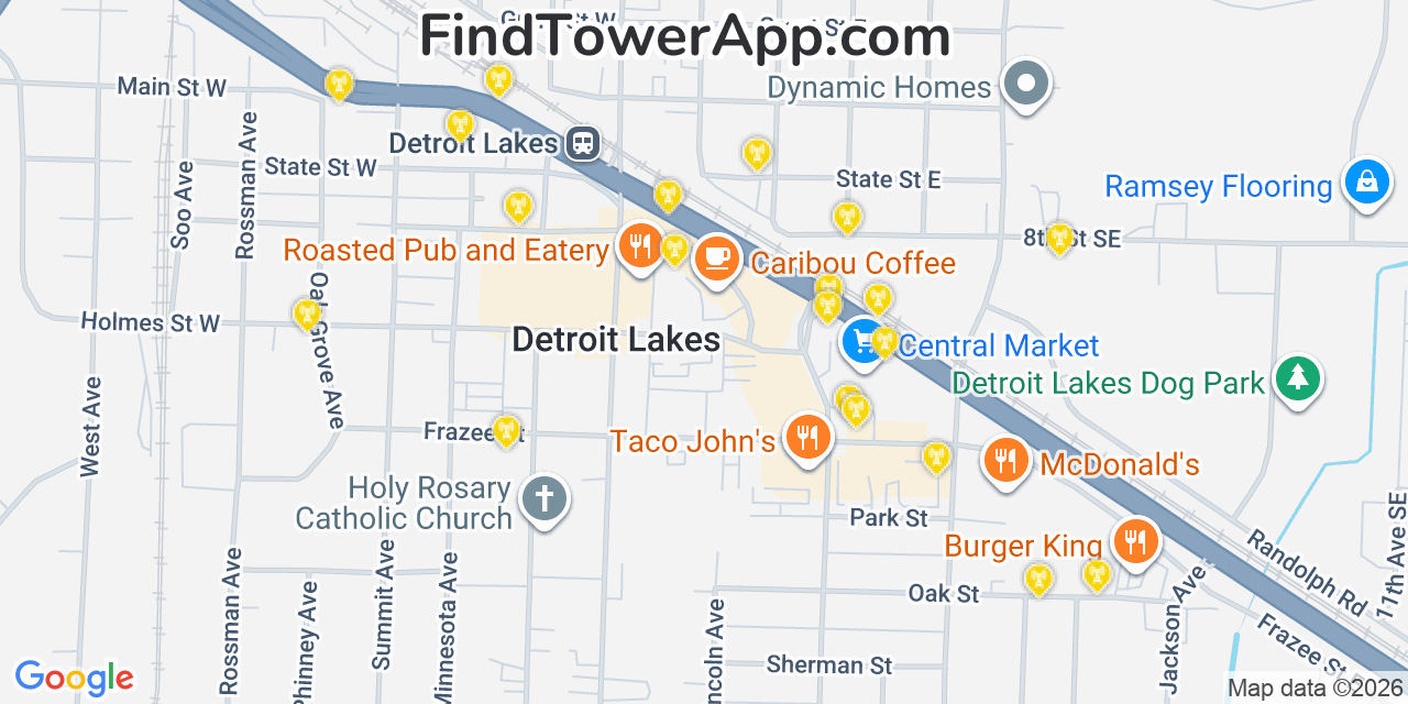 Map showing the 20 primary cell tower locations detected in Detroit Lakes, Minnesota from AT&T, Verizon, and T-Mobile networks