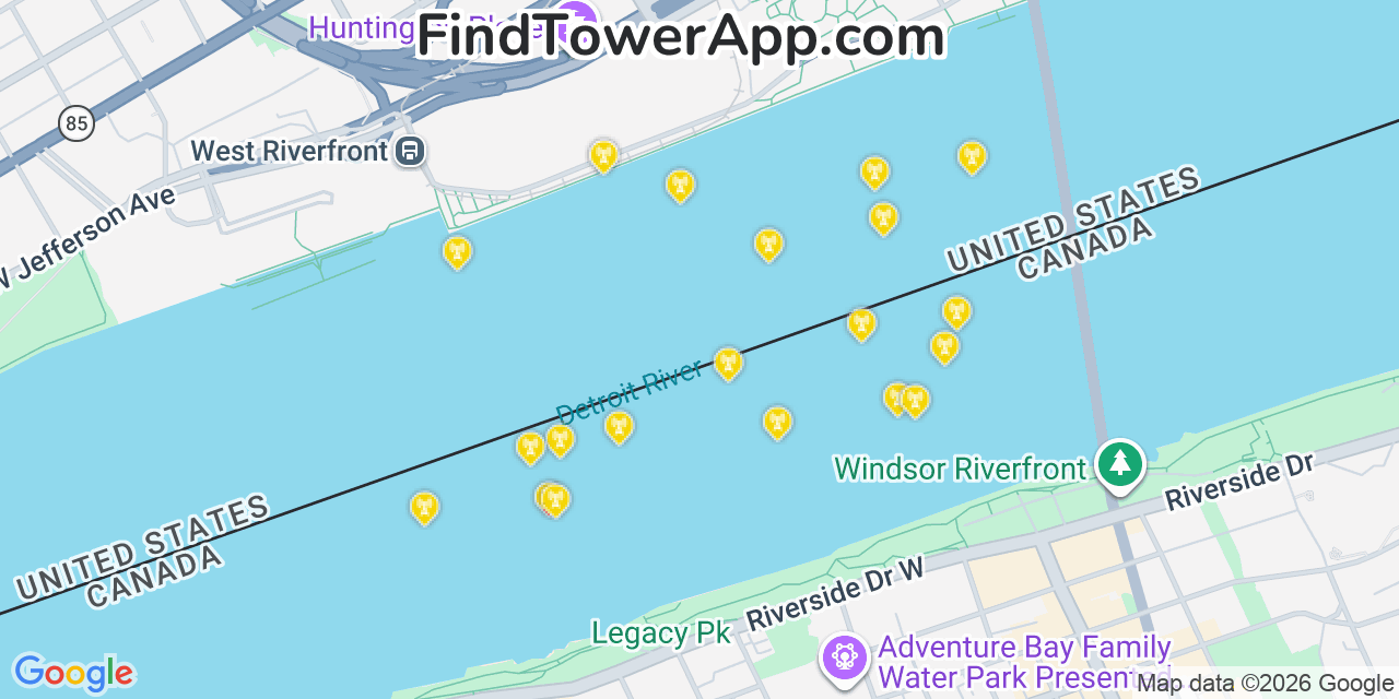 Map showing the 20 primary cell tower locations detected in Detroit, Michigan from AT&T, Verizon, and T-Mobile networks