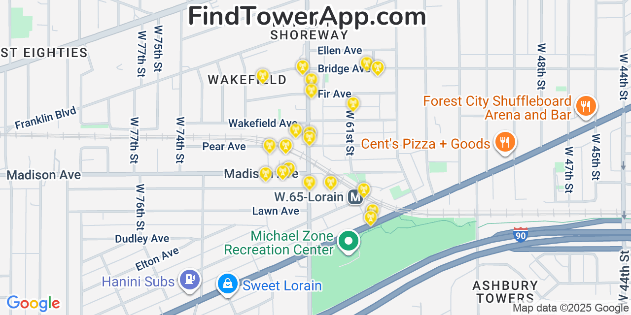 Map showing the 20 primary cell tower locations detected in Detroit-Shoreway, Ohio from AT&T, Verizon, and T-Mobile networks