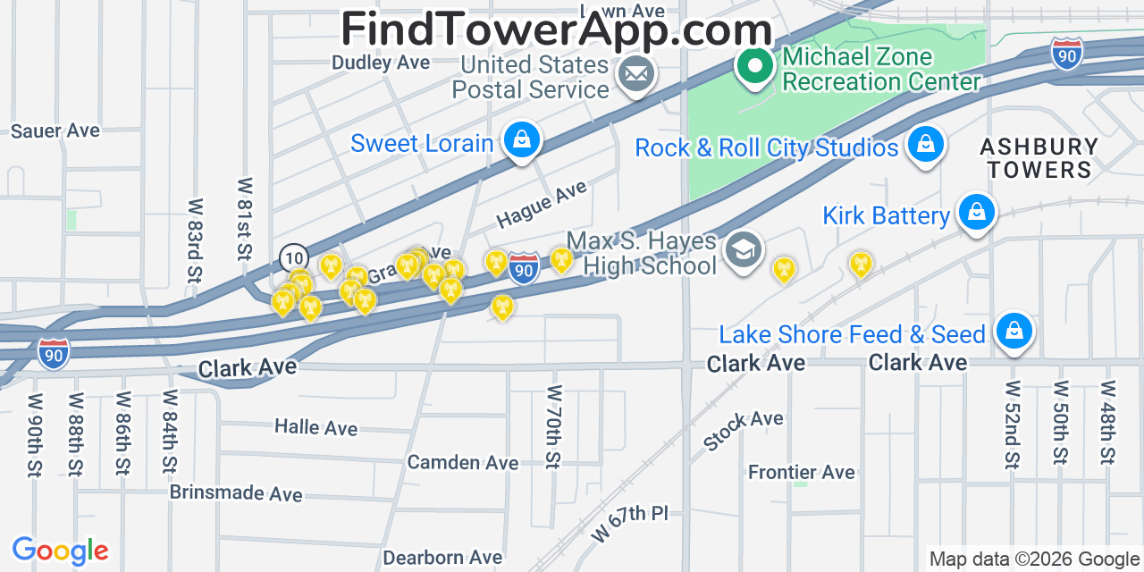 Map showing the 20 primary cell tower locations detected in Detroit Shoreway, Ohio from AT&T, Verizon, and T-Mobile networks