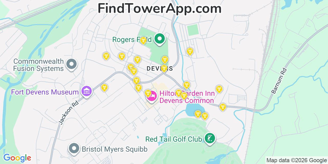 Map showing the 20 primary cell tower locations detected in Devens, Massachusetts from AT&T, Verizon, and T-Mobile networks