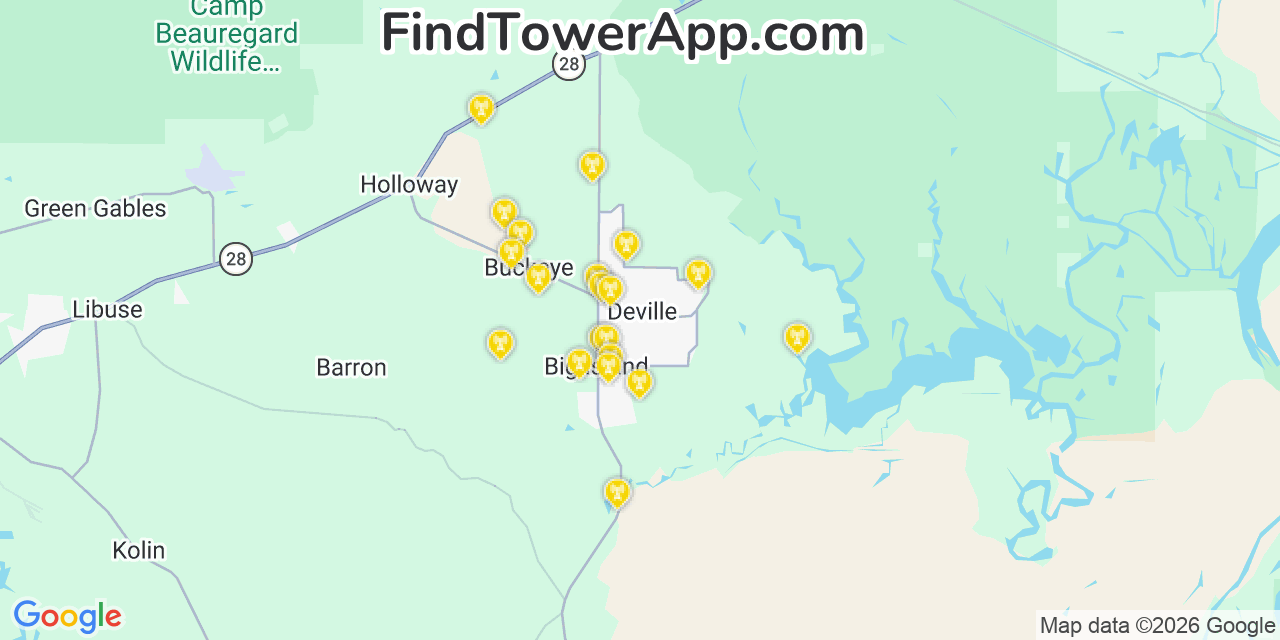 Map showing the 20 primary cell tower locations detected in Deville, Louisiana from AT&T, Verizon, and T-Mobile networks