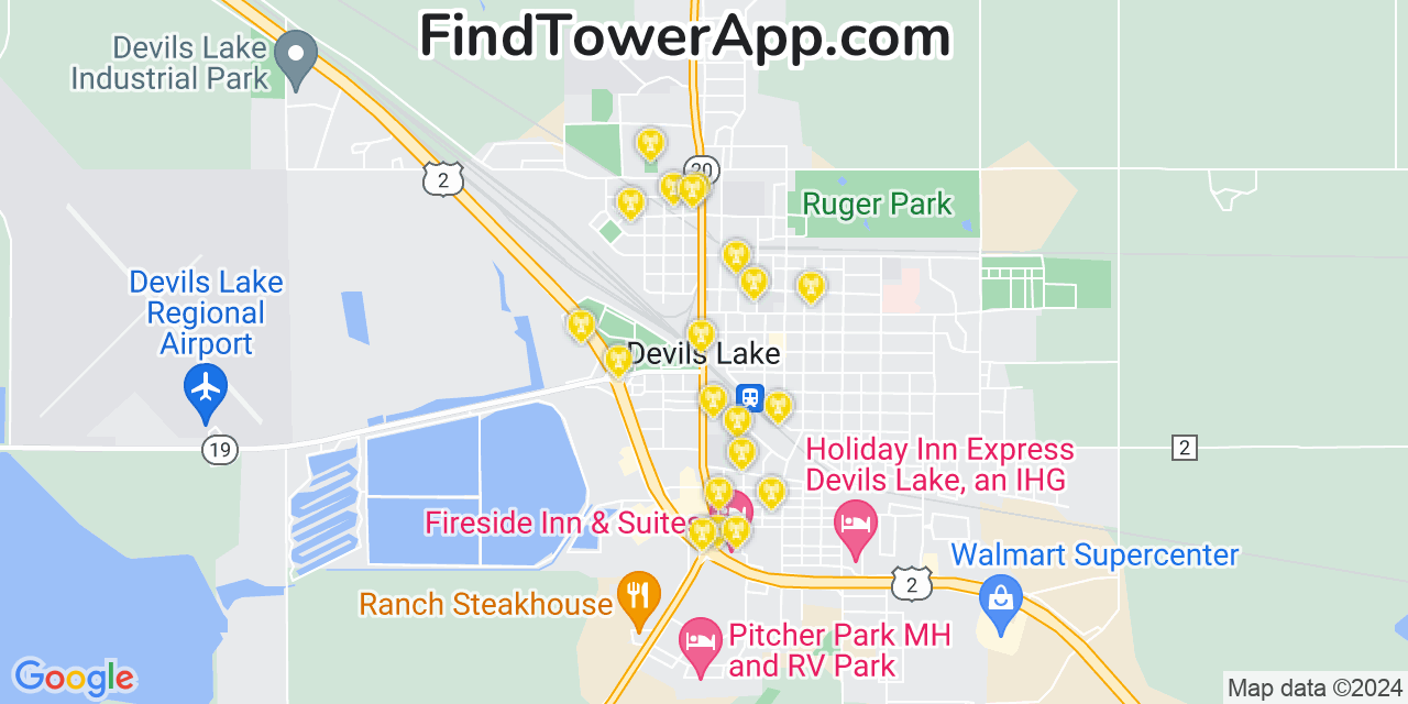 AT&T 4G/5G cell tower coverage map Devils Lake, North Dakota