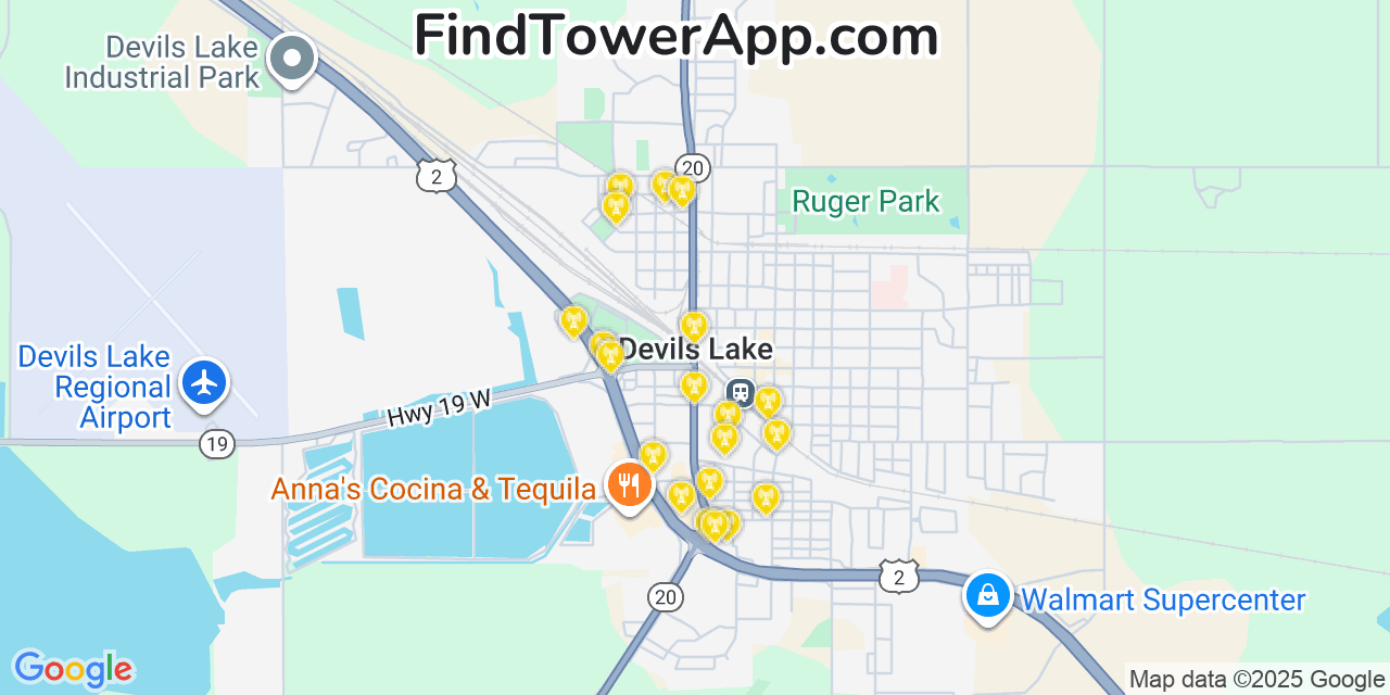 Map showing the 20 primary cell tower locations detected in Devils Lake, North Dakota from AT&T, Verizon, and T-Mobile networks