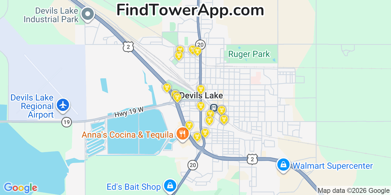 Map showing the 20 primary cell tower locations detected in Devils Lake, North Dakota from AT&T, Verizon, and T-Mobile networks