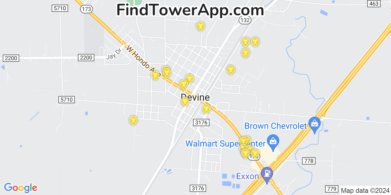 AT&T 4G/5G cell tower coverage map Devine, Texas