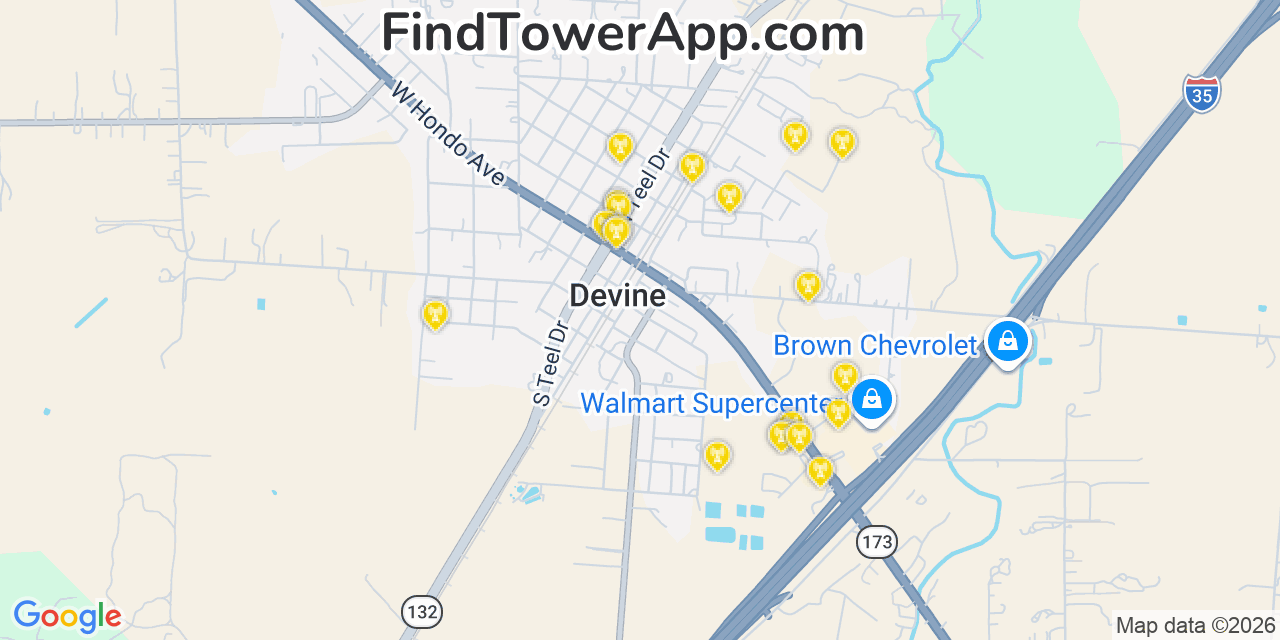 Map showing the 20 primary cell tower locations detected in Devine, Texas from AT&T, Verizon, and T-Mobile networks